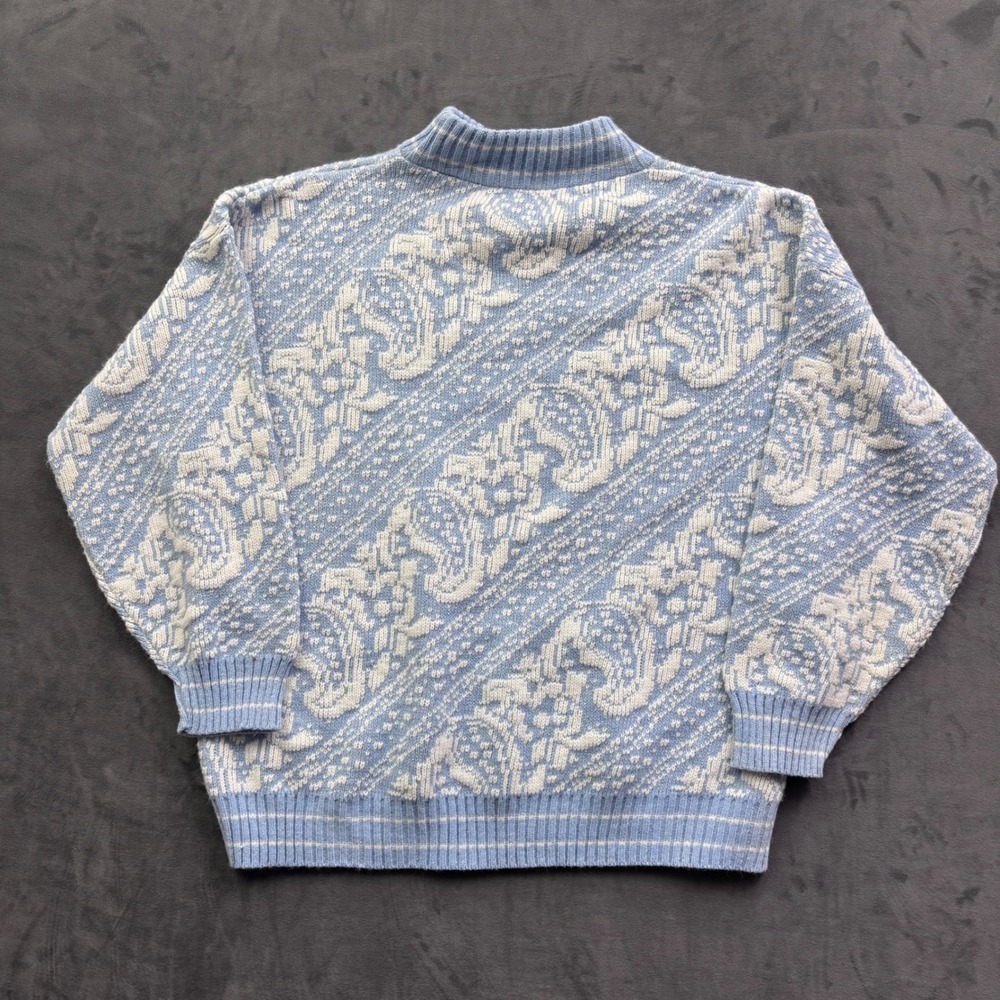 Vintage Blue Paisley Mock Neck Lurex Shimmer Knit Sweater Made in USA WPL 11914